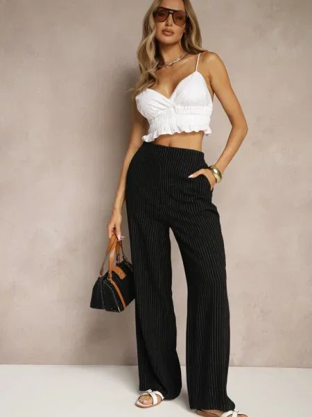 Szerokie Spodnie High Waist z Lnu i Bawełny Ivelpio czarne