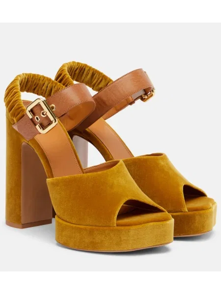 Sandale Chloé de catifea cu platformă auriu