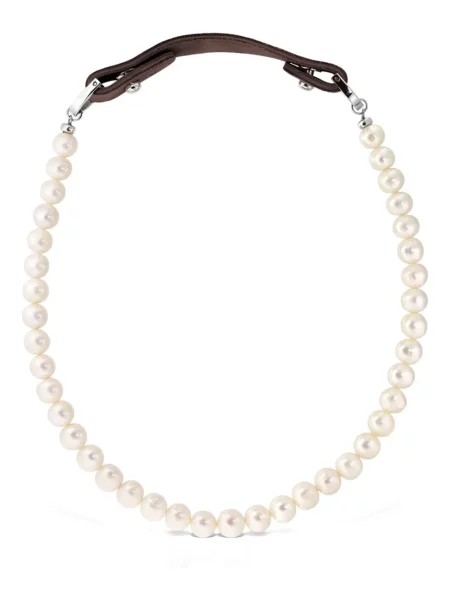 Colier Obsidian cu perle din piele alb