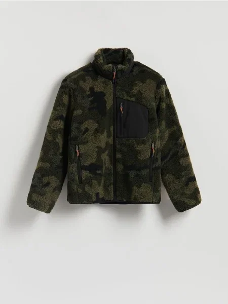 Reserved Geacă sherpa cu guler înalt verde