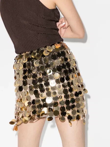 Mała mały spódnica mini Paco Rabanne z cekinami złota