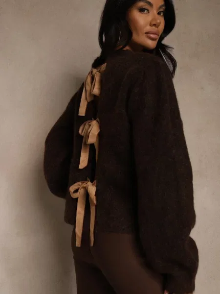 Kardigan z Wełną Zdobiony Bufiastymi Rękawami i Wiązaniem na Plecach Tusfina brązowy