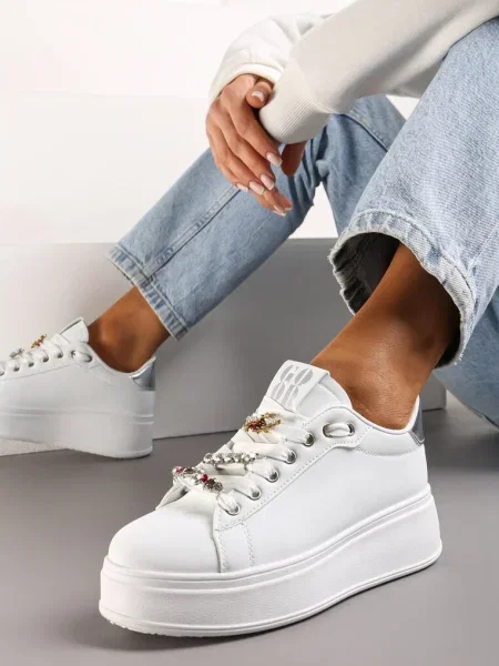 Sneakers Albi-Argintii pe Platformă Decorați cu Aplicații Detașabile cu Zirconiu Neishi alb