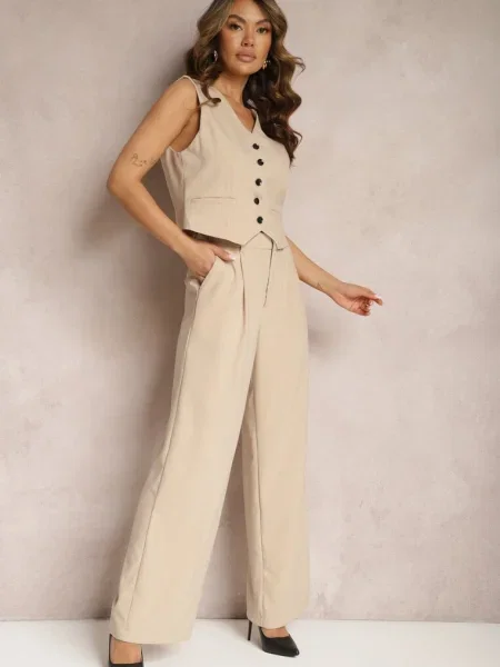 Pantaloni Larghi Stil Costum cu Dungi Fine Tsalena bej