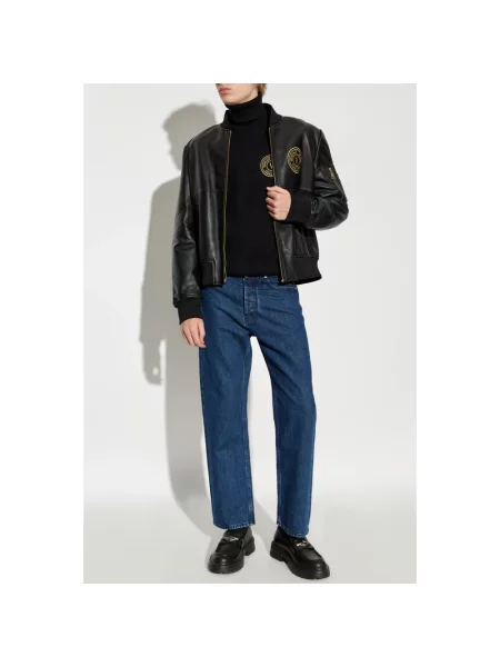 Lniany sweter z golfem Versace Jeans Couture z logo do golfa czarny