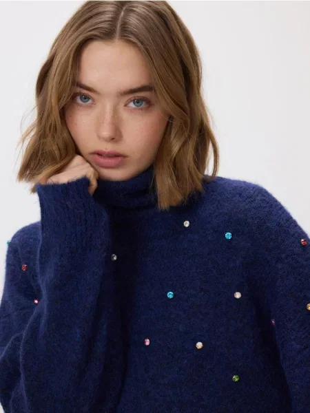 Reserved Pulover cu aplicație strălucitoare bleumarin