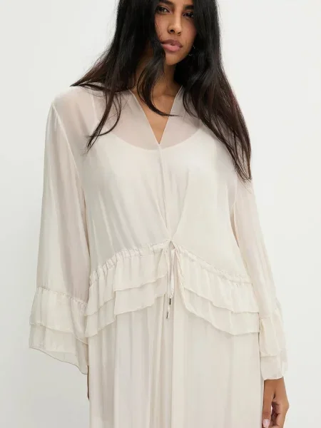 Answear Lab sukienka z jedwabiem maxi rozkloszowana beżowy
