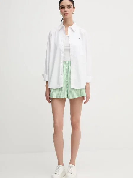 Lacoste pantaloni scurți din in cu imprimeu high waist verde