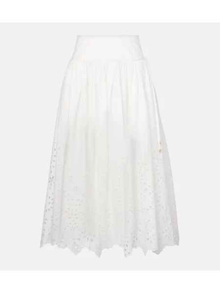 Fustă midi Self-portrait cu broderie până la genunchi alb