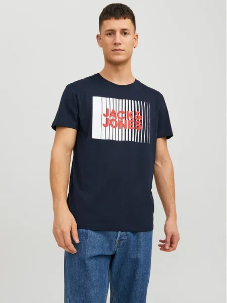 JACK & JONES Tricou bleumarin / roșu / murdar alb