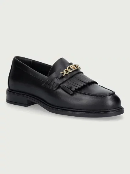 Tommy Hilfiger mocasini pentru femei din piele TH CHAIN FRINGE LEATHER LOAFER negru