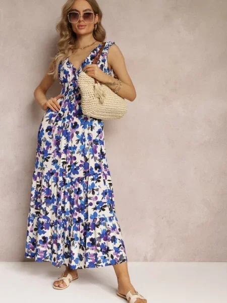 Rochie maxi violet-albastru tip creion cu imprimeu floral cu în talie din Marielys albastru