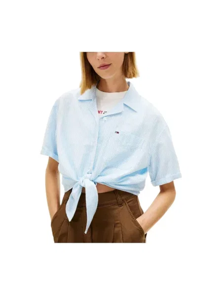 Tommy Jeans bluzka kopertowa z lnem Kobiety len S niebieski
