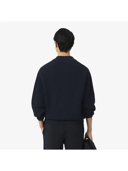 Lacoste Prążkowany Sweter Z Perłowym Kołnierzykiem Polo I Naszywką czarny