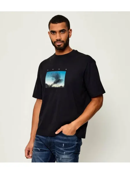 HUGO tricou din cu imprimeu negru