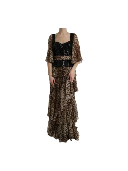 Sukienka maxi Dolce And Gabbana z cekinami w panterkę brązowa