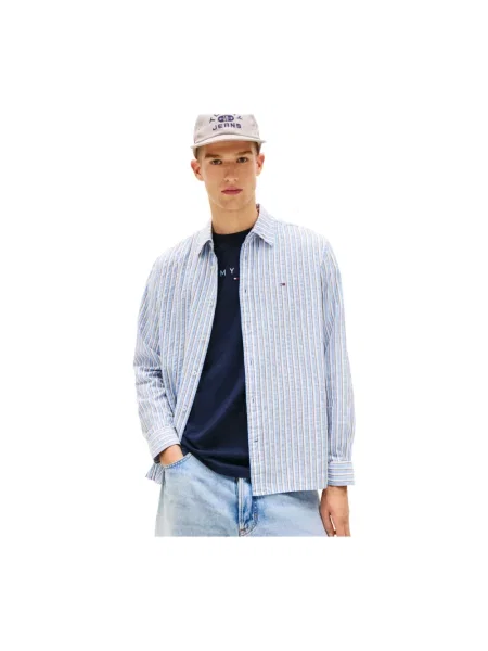 Koszula casualowa o kroju relaxed fit z mieszanki bawełny i modalu Tommy Jeans niebieska