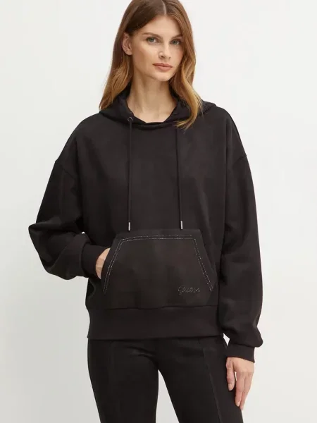 Суичър с качулка Guess с качулка с апликация черно
