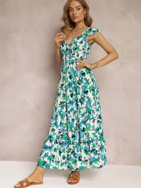 Kopertowa Sukienka Maxi w Kwiaty z Gumką w Pasie z Marielys zielona