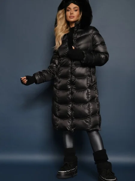 Jacheta Palton Peste Genunchi cu Matlasare și Glugă Detașabilă Calarin neagră