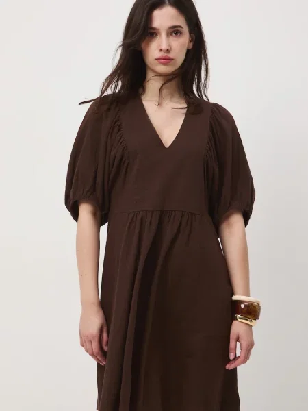 Medicine sukienka oversize z lnem brązowa