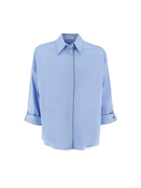 Haftowana koszula Brunello Cucinelli popelinowa niebieska