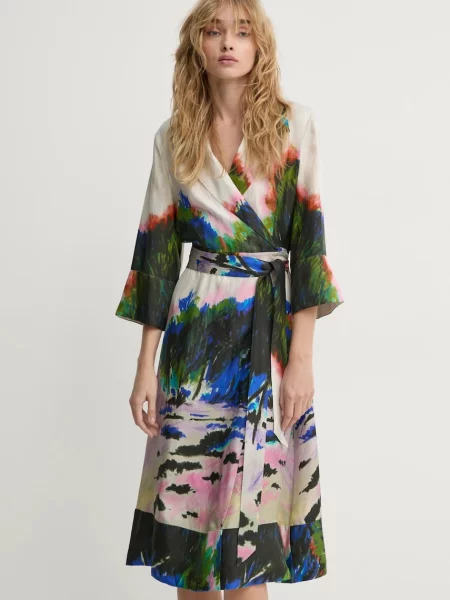 MUNTHE rochie de matase SAMEN midi evazati bej