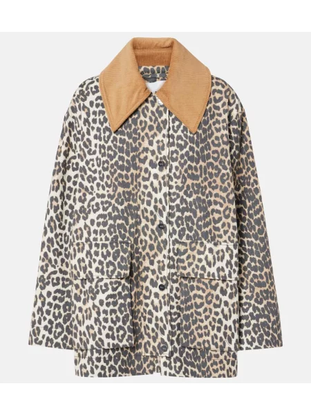 Geacă Ganni cu imagine cu model leopard din canvas maro
