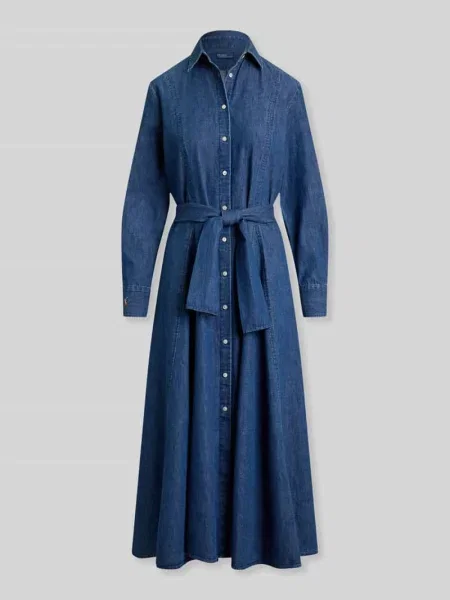 Taliowana sukienka casualowa w tkaninie stylizowanej na denim Polo Ralph Lauren niebieska