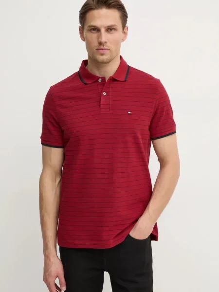Тениска с яка Tommy Hilfiger бордо с десен червено