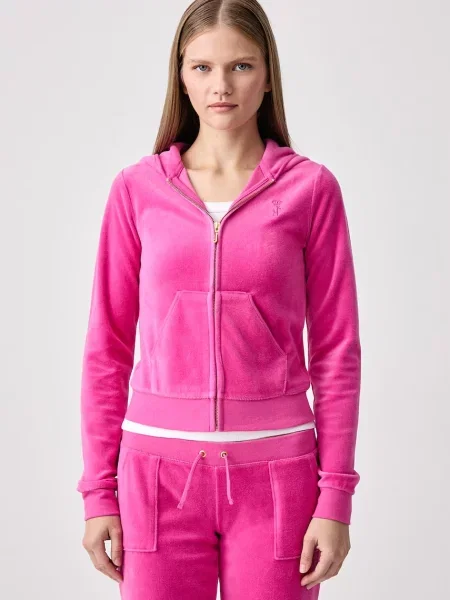 Juicy Couture rozepínací mikina s kapucí velurová WASHED ROBYN růžová
