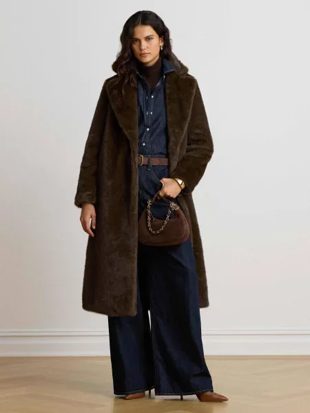 Palton de blană Lauren Ralph Lauren cu blană maro