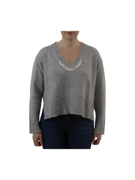 Sweter Brand Unique z dekoltem w serek szary