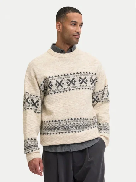 JACK & JONES Sveter JPRBLUMAX tmavošedá / tmavosivá béžová