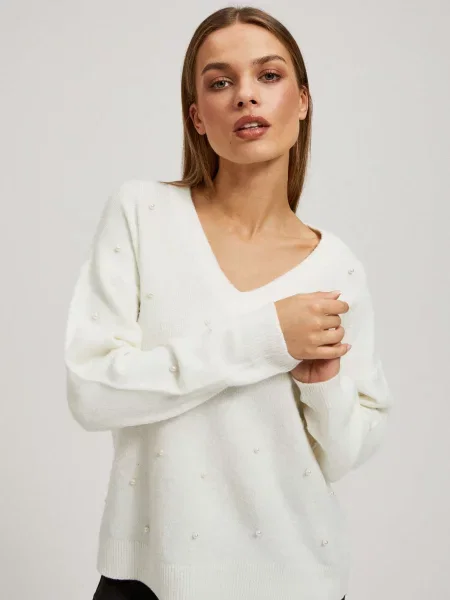 Pulover Marisse cu perle cu decolteu în V negru