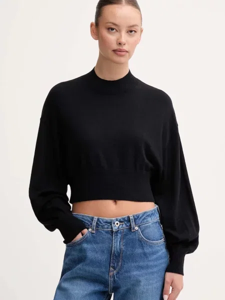 United Colors of Benetton sweter z dodatkiem wełny lekki z półgolfem czarny