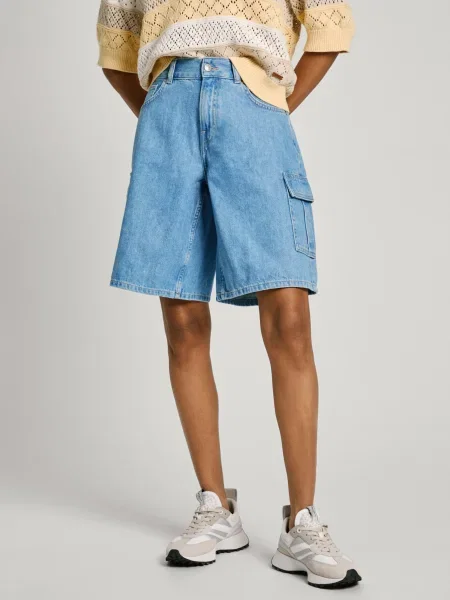 Дънков къс панталон Pepe Jeans RELAXED SHORT HW WORKER кафяво с изчистен дизайн с висока талия синьо