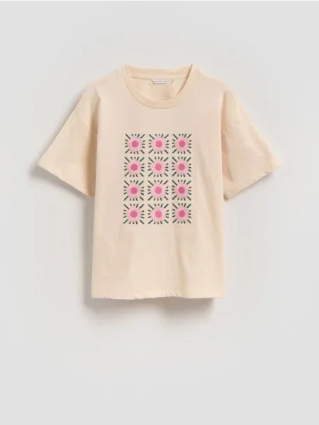 Reserved Luźny t-shirt z haftem kremowy