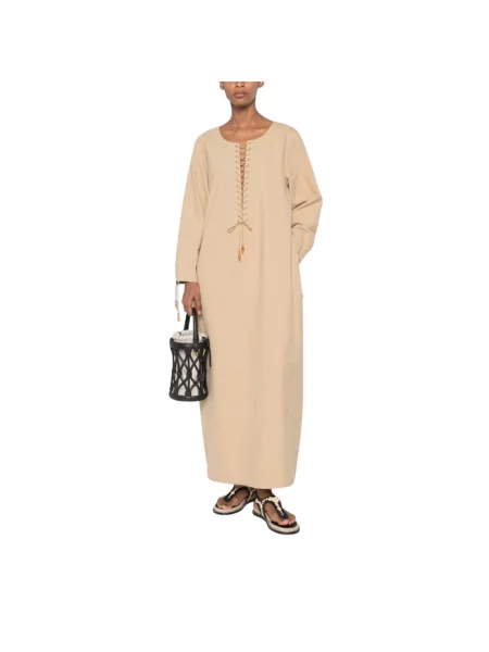 Lniana sukienka Tory Burch beżowa
