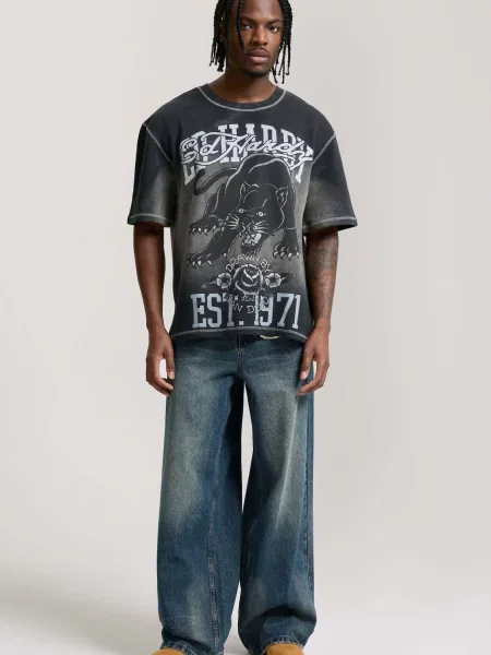 Ed Hardy Tričko Panther sivá šedobiela čierna