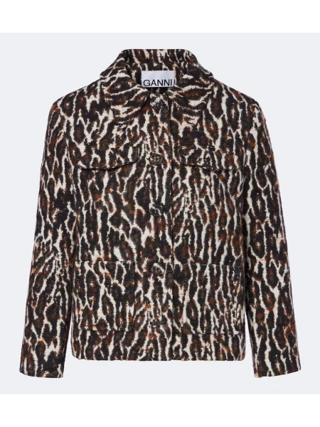 Geacă Ganni cu imagine cu model leopard din jacard bej