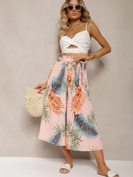 Pantaloni Plisați cu Picior Larg High Waist cu în Talie Alfia roz