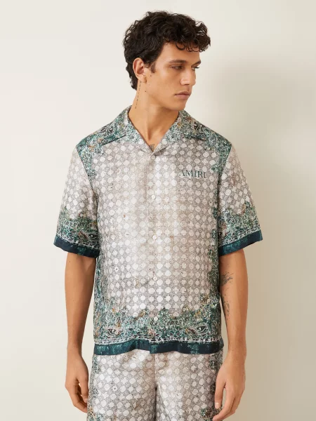 Amiri Resortní Košile Comfort Fit Z Hedvábí / tmavě zelená béžová