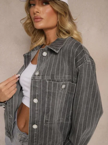 Kurtka Jeansowa w Delikatne Prążki z Ravirose szara