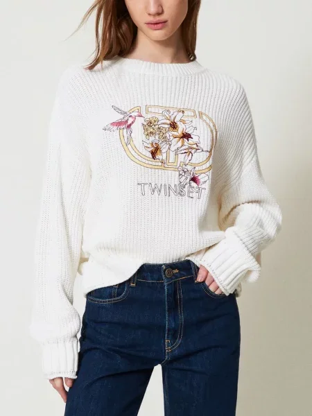 Pulover Twinset cu broderie alb