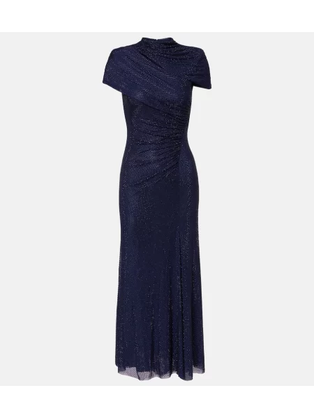 Sukienka midi Self-portrait z siateczką drapowana do kolan niebieska