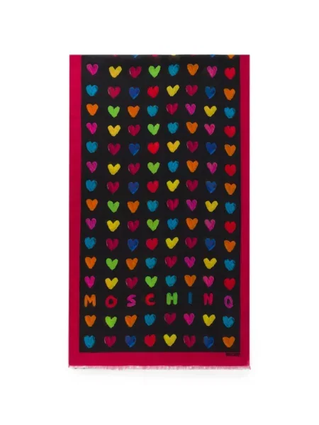 Fular Moschino cu franjuri cu motiv cu inimi negru