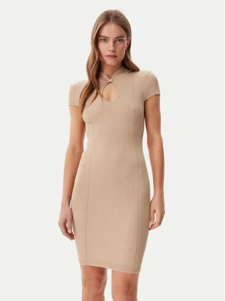 Рокля Guess MALIA къса с кройка по тялото бежово