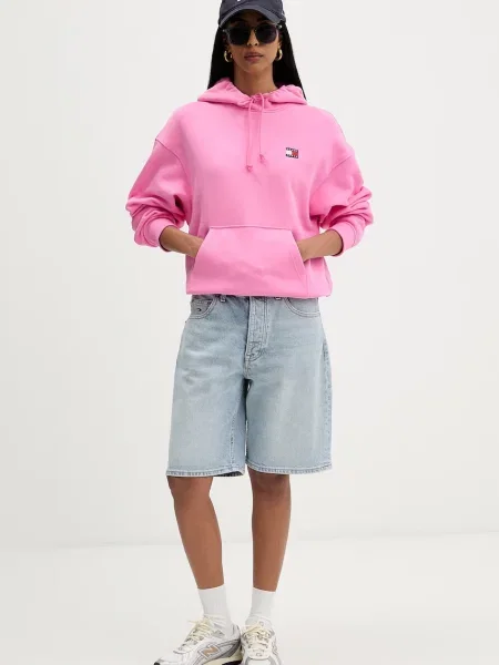 Tommy Jeans pulover s kapuco bombažen roza