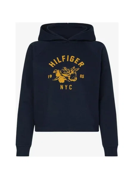 Tommy Hilfiger Relaxed Graphic Big Logo Bluza z kapturem Ciemnoniebieska Żółta XS niebieska
